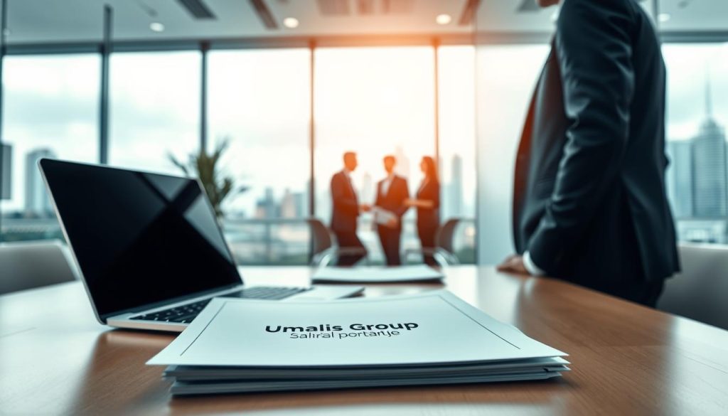 A modern and professional office setting, with a sleek, well-lit workspace. In the foreground, a laptop and documents labeled "Umalis Group" showcase the secure and operational aspects of salarial portage. The middle ground features a team of business professionals collaborating, conveying the expertise and transitional management capabilities. The background subtly depicts a cityscape, hinting at the broader business context. The overall atmosphere is one of efficiency, trust, and strategic guidance, reflecting the "sécurisants et opérationnels" nature of salarial portage. A modern and professional office setting, with a sleek, well-lit workspace. In the foreground, a laptop and documents labeled "Umalis Group" showcase the secure and operational aspects of salarial portage. The middle ground features a team of business professionals collaborating, conveying the expertise and transitional management capabilities. The background subtly depicts a cityscape, hinting at the broader business context. The overall atmosphere is one of efficiency, trust, and strategic guidance, reflecting the "sécurisants et opérationnels" nature of salarial portage.