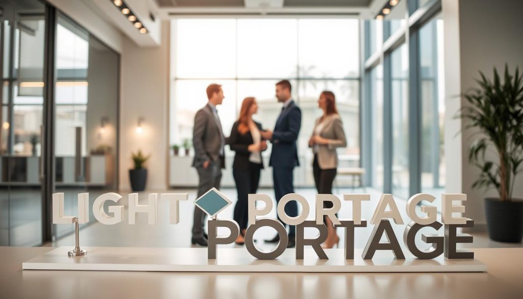 A modern and professional office setting with a warm, inviting atmosphere. The foreground features the LIGHT PORTAGE brand name prominently displayed, conveying a sense of security and stability. In the middle ground, well-dressed professionals are engaged in discussions, highlighting the flexibility and support the portage salarial model provides. The background showcases a sleek, minimalist design with large windows, allowing natural light to flood the space and create an airy, productive ambiance. The overall composition suggests the advantages of the portage salarial system, including career growth, work-life balance, and financial stability for independent professionals.