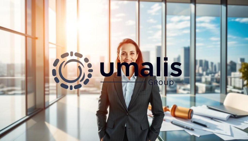 A modern and professional office setting with sleek glass architecture and natural lighting. In the foreground, a smiling business professional in a suit is standing before a large Umalis Group logo, conveying a sense of trust and security. The middle ground features documents and paperwork, symbolizing the legal and administrative aspects of the "portage salarial" service. In the background, a cityscape with skyscrapers and blue sky suggests the broader corporate landscape. The overall atmosphere is one of confidence, efficiency, and the legal protection offered by Umalis Group's "sécurité juridique portage salarial" solution. A modern and professional office setting with sleek glass architecture and natural lighting. In the foreground, a smiling business professional in a suit is standing before a large Umalis Group logo, conveying a sense of trust and security. The middle ground features documents and paperwork, symbolizing the legal and administrative aspects of the "portage salarial" service. In the background, a cityscape with skyscrapers and blue sky suggests the broader corporate landscape. The overall atmosphere is one of confidence, efficiency, and the legal protection offered by Umalis Group's "sécurité juridique portage salarial" solution.