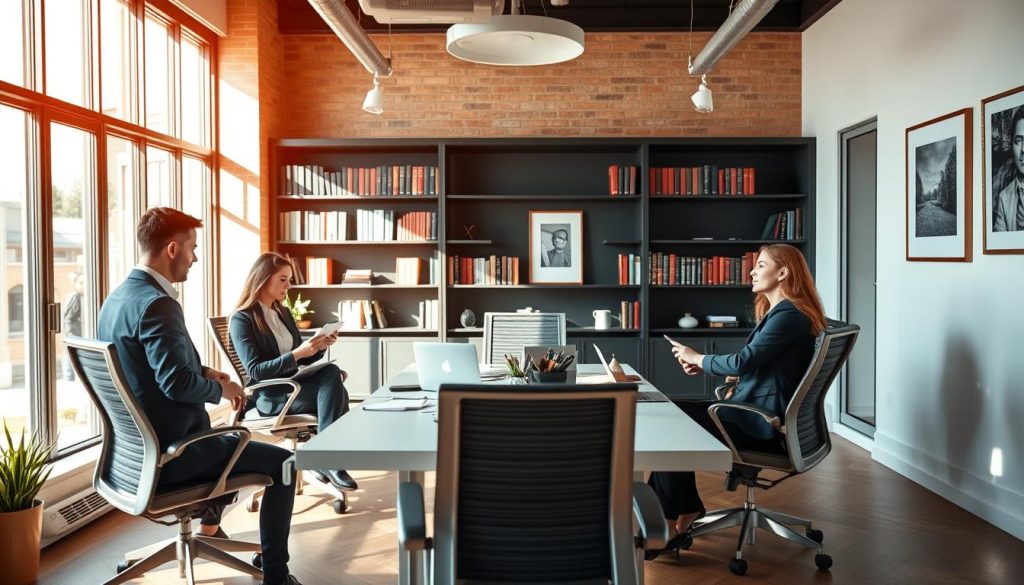 A modern and professional office space with a team of business people in business attire, representing the Umalis Group, engaged in discussing and collaborating on portage salarial commercial services. The scene is bathed in warm, natural light from large windows, conveying a sense of productivity, security, and freedom. The middle ground features a conference table surrounded by ergonomic chairs, with laptops and documents scattered, indicating an active work environment. In the background, shelves of books and framed artwork add a touch of sophistication, while the foreground showcases the engaged expressions and body language of the professionals, emphasizing the human element of the portage salarial commercial offering.