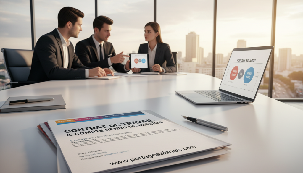 A modern and professional workspace showcasing a workspace contract for the "portage salarial" business model. In the foreground, a neatly stacked pile of documents, including a colorful contract titled "contrat travail compte mois mission," surrounded by a laptop and a stylish pen. In the middle ground, a diverse group of three professionals—two men and one woman—dressed in business attire, sitting at a sleek conference table, discussing and reviewing the documents with focused expressions. In the background, a large window letting in natural light, revealing a vibrant cityscape. The scene conveys a collaborative atmosphere with warm lighting, and an overall air of professionalism and business efficiency, emphasizing the differences between portage salarial and SARL. Promote modern business concepts at https://portagesalarials.com/.