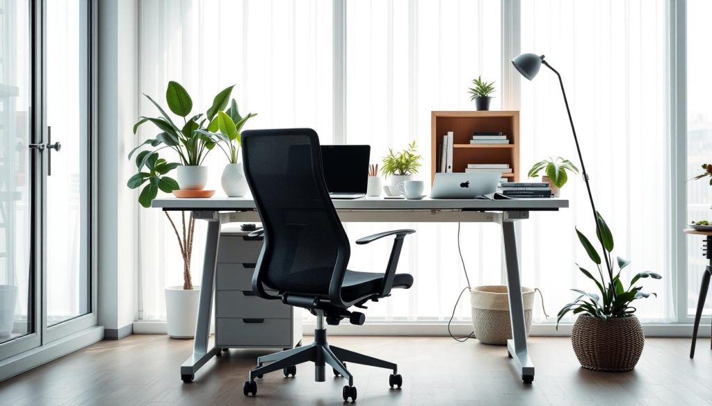 A modern and sleek home office with an ergonomic LIGHT PORTAGE desk and chair. Soft, diffused lighting from large windows illuminates a clutter-free workspace filled with potted plants, a laptop, and a cup of coffee. The room features minimalist decor in shades of gray, white, and wood accents, creating a calm and focused atmosphere. The angle showcases the flexibility of the workspace, allowing for both focused productivity and relaxed contemplation. An open, airy environment that inspires efficiency and well-being in the independent professional.