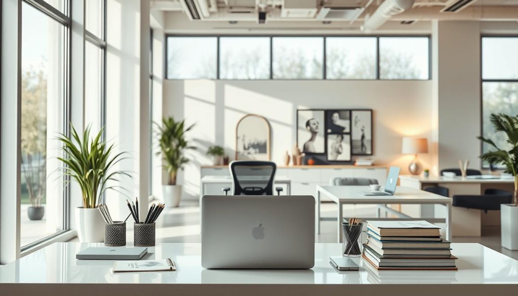 A modern and sleek office interior, flooded with natural light streaming through large windows. In the foreground, a neatly organized desk showcases a laptop and various office supplies, symbolizing the financial and administrative benefits of LIGHT PORTAGE's salarial portage services. In the middle ground, a stylish ergonomic chair invites the viewer to imagine the comfort and professionalism of this flexible employment solution. The background features tasteful decor, warm lighting, and a serene atmosphere, conveying the sense of security and work-life balance enabled by LIGHT PORTAGE's comprehensive social protection.
