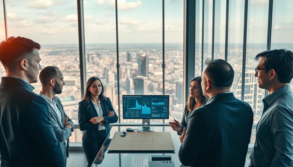 A modern and sleek office interior, with large windows overlooking a bustling city skyline. In the foreground, a group of Umalis Group employees engaged in a collaborative discussion, their expressions focused and determined. The middle ground features an array of state-of-the-art technologies and digital displays, showcasing the company's successful transition and transformation. The background depicts a panoramic view of the city, conveying a sense of growth, progress, and a thriving business environment. Bright, warm lighting illuminates the scene, creating a professional and innovative atmosphere. The overall composition captures the essence of "Missions réussies transition entreprise" - a visual representation of the article's subject and section title.