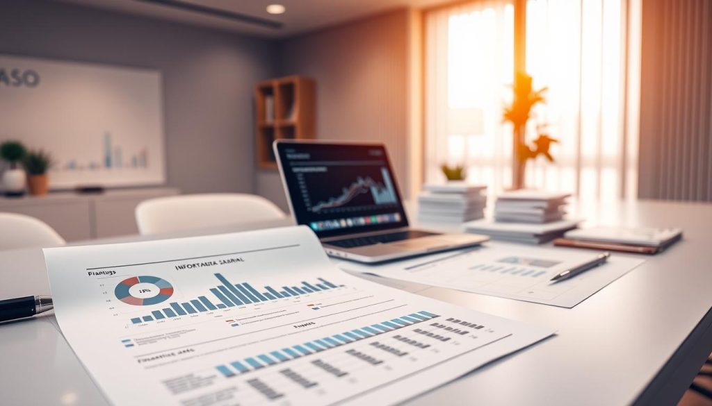 A modern and sophisticated financial report displayed on a sleek, minimalist desk. In the foreground, a series of infographics and charts showcasing the intricate financial structure of "Portage Salarial". The middle ground features a laptop with analytical software open, surrounded by a neatly organized array of financial documents. The background is a warm, well-lit office space with clean lines and a subtle, muted color palette, conveying a sense of professionalism and attention to detail. The overall composition evokes an atmosphere of careful analysis, strategic planning, and financial expertise.