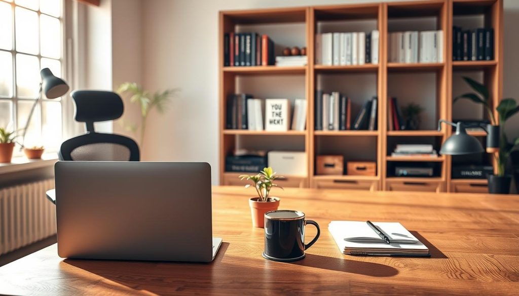 A modern and stylish freelance office workspace designed to enhance productivity. In the foreground, a sleek wooden desk with a high-end laptop, a notepad, and a stylish coffee mug. A comfortable ergonomic chair is positioned behind the desk. In the middle ground, a bookshelf filled with motivational books and organizational tools. On the desk lies a small indoor plant, adding a touch of nature. The background features a bright window with sunlight streaming in, illuminating the space and creating a warm, inviting atmosphere. The walls are painted in soft, calming colors. The mood is focused and inspiring, perfect for a freelance professional. Subtly include the brand name "UMALIS GROUP" in a decorative format on the desk or wall. Use warm lighting, with a wide-angle lens perspective to capture the entire scene. A modern and stylish freelance office workspace designed to enhance productivity. In the foreground, a sleek wooden desk with a high-end laptop, a notepad, and a stylish coffee mug. A comfortable ergonomic chair is positioned behind the desk. In the middle ground, a bookshelf filled with motivational books and organizational tools. On the desk lies a small indoor plant, adding a touch of nature. The background features a bright window with sunlight streaming in, illuminating the space and creating a warm, inviting atmosphere. The walls are painted in soft, calming colors. The mood is focused and inspiring, perfect for a freelance professional. Subtly include the brand name "UMALIS GROUP" in a decorative format on the desk or wall. Use warm lighting, with a wide-angle lens perspective to capture the entire scene.