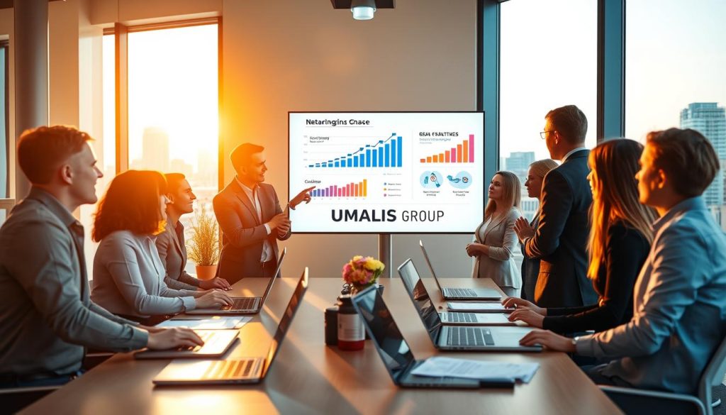 A modern and vibrant office environment representing a professional networking space, showcasing a diverse group of individuals in business attire engaged in collaboration and discussions. The foreground features a neatly arranged table with laptops, documents, and digital devices, symbolizing productivity and innovation. In the middle, colleagues of different backgrounds share ideas, pointing at a digital screen displaying graphs and charts that highlight business growth and development strategies. The background reveals large windows letting in natural light, with a cityscape view, creating an atmosphere of optimism and opportunity. The lighting is warm and inviting, enhancing the mood of teamwork and professional growth, with the brand name "UMALIS GROUP" subtly included in an office presentation on the screen.