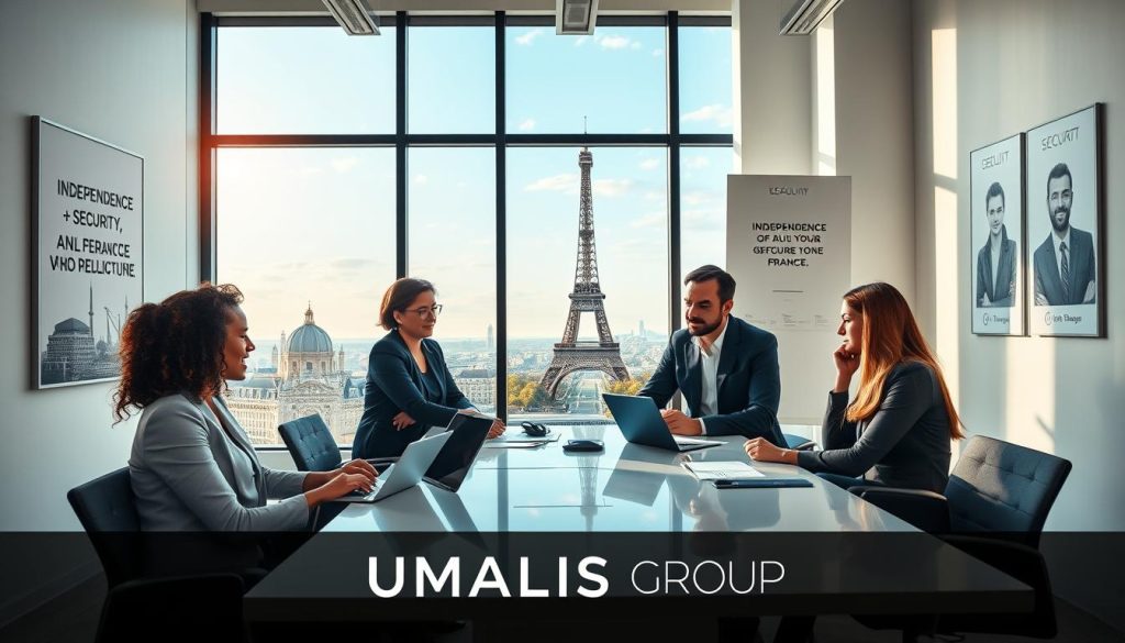 A modern and vibrant office space that symbolizes the concept of "portage salarial" in France. In the foreground, a diverse group of four professionals, dressed in smart business attire, are engaged in a collaborative discussion around a sleek conference table filled with digital devices and documents. The middle ground features a large window showcasing a beautiful Parisian skyline, incorporating iconic landmarks like the Eiffel Tower, with soft sunlight illuminating the scene. In the background, motivational posters about independence and security are subtly displayed on the walls, creating an inspiring atmosphere. The lighting is bright and welcoming, with a focus on a warm and productive environment. Include the branding "UMALIS GROUP" subtly in the image, ensuring it blends harmoniously with the professional aesthetic.