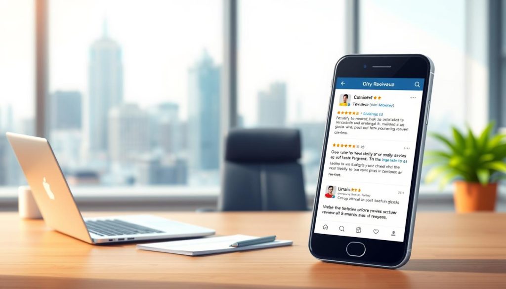 A modern and visually compelling image of user reviews and social proof for the Umalis Group brand. The foreground features a sleek smartphone display showcasing positive customer testimonials, reviews, and ratings. The middle ground showcases a professional office setting with a laptop, notepad, and other business accessories, creating a sense of credibility and trustworthiness. The background features a blurred cityscape, suggesting a global, enterprise-level presence. The lighting is soft and natural, creating a warm and inviting atmosphere. The overall composition conveys the importance of leveraging user reviews and social proof to enhance online visibility and digital presence.