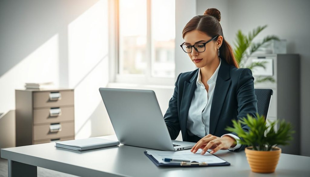 A modern, bright office environment with a focus on streamlined administrative processes. In the foreground, a professional woman in smart business attire sits at a sleek desk, using a laptop with finance and project management software visible on the screen. A clipboard with organized paperwork is beside her. In the middle ground, an efficient filing cabinet and a potted plant bring life to the workspace. The background features an open window with natural light streaming in, casting a warm glow over the scene, evoking a sense of clarity and security. The overall mood is calm and organized, reflecting the concept of simplified and secure administrative management in a professional context. A modern, bright office environment with a focus on streamlined administrative processes. In the foreground, a professional woman in smart business attire sits at a sleek desk, using a laptop with finance and project management software visible on the screen. A clipboard with organized paperwork is beside her. In the middle ground, an efficient filing cabinet and a potted plant bring life to the workspace. The background features an open window with natural light streaming in, casting a warm glow over the scene, evoking a sense of clarity and security. The overall mood is calm and organized, reflecting the concept of simplified and secure administrative management in a professional context.