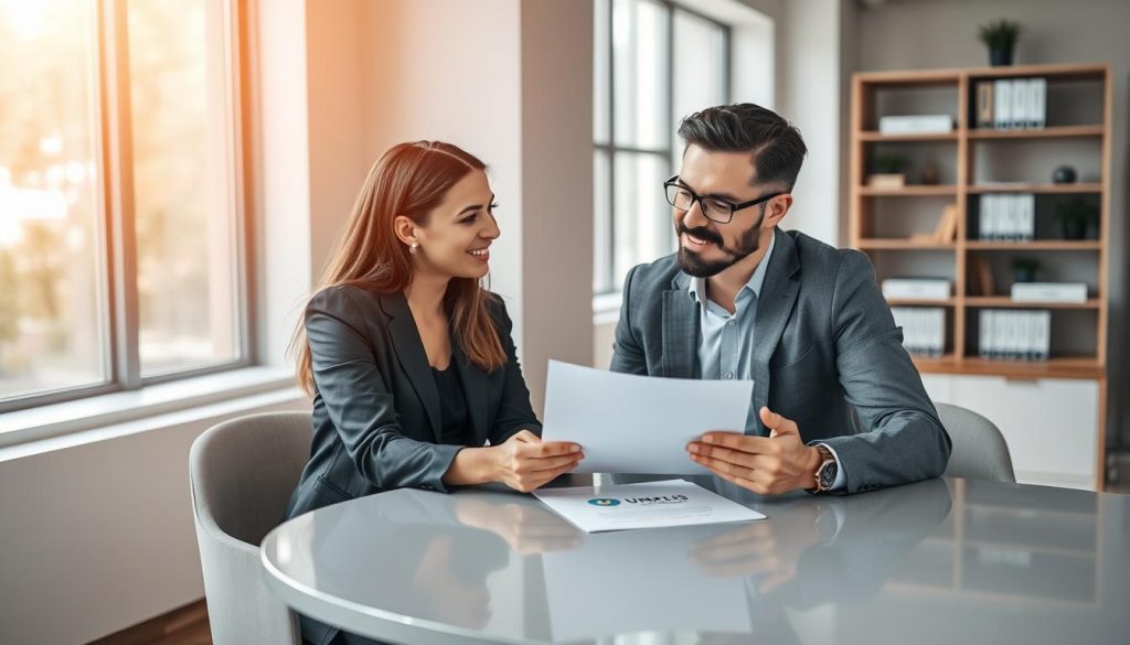 A modern, bright office setting featuring two professional individuals engaged in a constructive discussion about the concept of "société de portage salarial." In the foreground, a diverse woman and a man, both dressed in business attire, are seated at a sleek round table, reviewing documents and building trust through open communication. The mood conveys collaboration and professionalism, with warm natural lighting coming through large windows in the background, creating an inviting atmosphere. Soft-focus background elements include shelves with books on business and finance, reflecting a learning environment. A visible logo of "Umalis Group" is subtly incorporated into a document on the table. The image captures the essence of trust and partnership in professional settings, emphasizing a supportive work culture.
