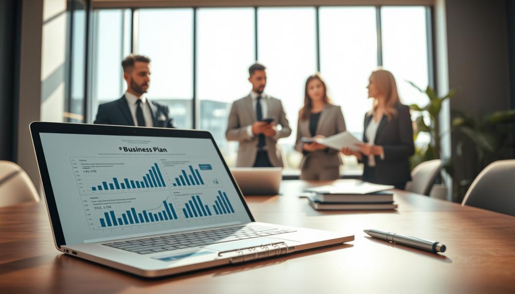 A modern business office setting featuring a well-organized desk space. In the foreground, an open laptop displays a detailed business plan document with graphs and financial projections, accompanied by a stylish notebook and a pen. In the middle ground, a diverse group of three professionals—two men and one woman—are engaged in discussion, all dressed in professional business attire, analyzing the documents on the desk. The background showcases a bright, airy office with large windows allowing natural light to flood the space, creating a positive and collaborative atmosphere. Soft shadows add depth to the scene, while a warm color palette evokes a sense of focus and ambition. The overall mood is serious and purpose-driven, emphasizing the importance of strategic planning in the business environment.
