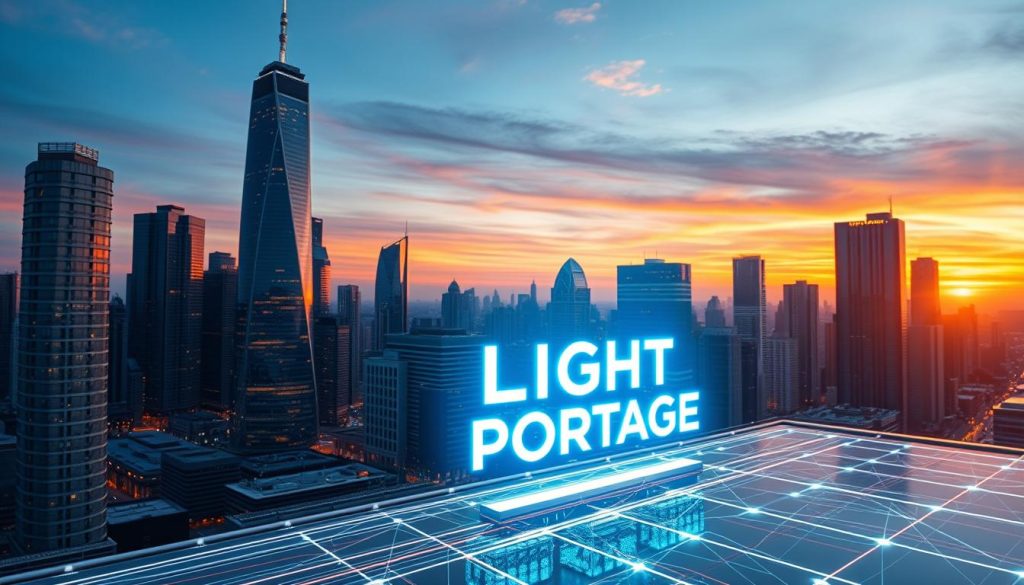 A modern cityscape at dusk, with a glowing, holographic display in the foreground projecting a pulsing, abstract "LIGHT PORTAGE" logo. In the midground, a network of luminous data streams and digital signals weave between towering skyscrapers, representing the interconnected technology services sector. The background features a vibrant sunset sky, casting warm hues across the futuristic urban landscape. The overall scene conveys a sense of innovation, technological progress, and the resilience of the services industry.