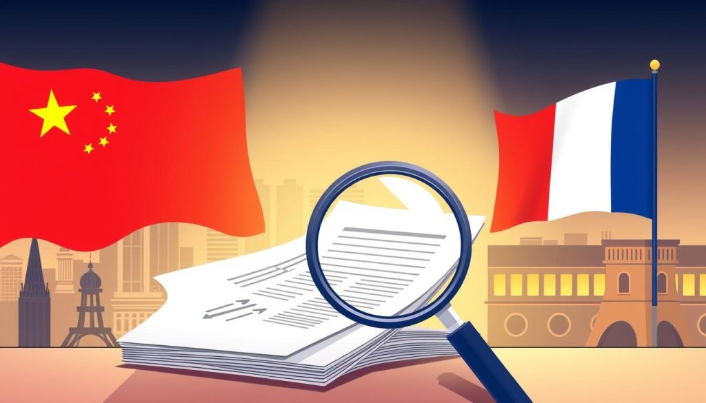 A modern, clean-lined illustration depicting the bilateral tax treaty between China and France. In the foreground, a simplified Chinese flag and a French tricolor flag intertwine, symbolizing the cross-cultural collaboration. The middle ground features a magnifying glass scrutinizing official tax documents, hinting at the complexities of cross-border taxation. The background showcases a cityscape blending architectural elements from both nations, creating a sense of international unity. The lighting is soft and warm, with a subtle glow emanating from the central focus, conveying an atmosphere of professionalism and diplomacy. The overall composition is balanced and visually appealing, suitable for highlighting the topic of Chinese taxation in France.