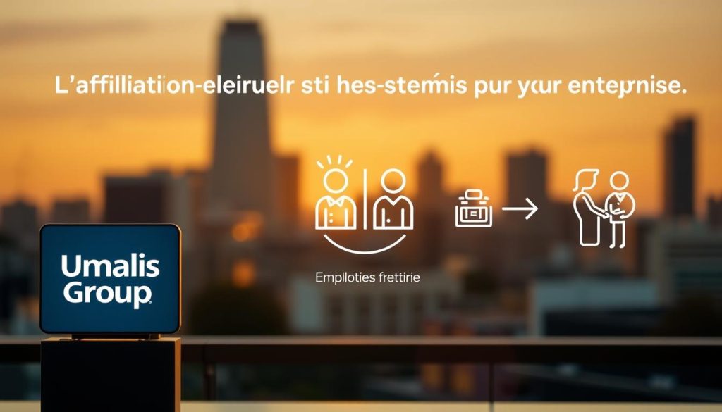 A modern, clean-lined illustration showcasing the employer-employee retirement affiliation process. In the foreground, a Umalis Group logo stands prominently, representing the leading provider of retirement solutions. In the middle ground, stylized icons depict the flow of contributions between employer and employee, emphasizing the collaborative nature of this critical financial relationship. The background features a softly blurred cityscape, conveying a sense of professional, urban dynamism. Warm, directional lighting casts a subtle glow, evoking a tone of trust and stability. The overall composition strikes a balance between analytical precision and visual appeal, making it an ideal fit for the "L'affiliation retraite et ses enjeux pour votre entreprise" section of the article.