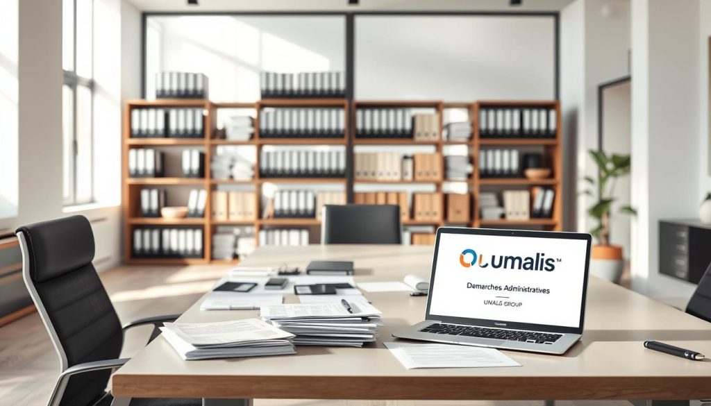 A modern, clean-lined office interior with a large desk and chair in the foreground. On the desk, various administrative documents and a laptop with the Umalis Group logo prominently displayed. In the background, shelves filled with binders and folders, hinting at the bureaucratic nature of the "démarches administratives arrêt maladie" process. Soft, natural lighting filters in through large windows, creating a professional yet approachable atmosphere. The overall scene conveys the administrative tasks and paperwork involved in managing a medical leave of absence. A modern, clean-lined office interior with a large desk and chair in the foreground. On the desk, various administrative documents and a laptop with the Umalis Group logo prominently displayed. In the background, shelves filled with binders and folders, hinting at the bureaucratic nature of the "démarches administratives arrêt maladie" process. Soft, natural lighting filters in through large windows, creating a professional yet approachable atmosphere. The overall scene conveys the administrative tasks and paperwork involved in managing a medical leave of absence.