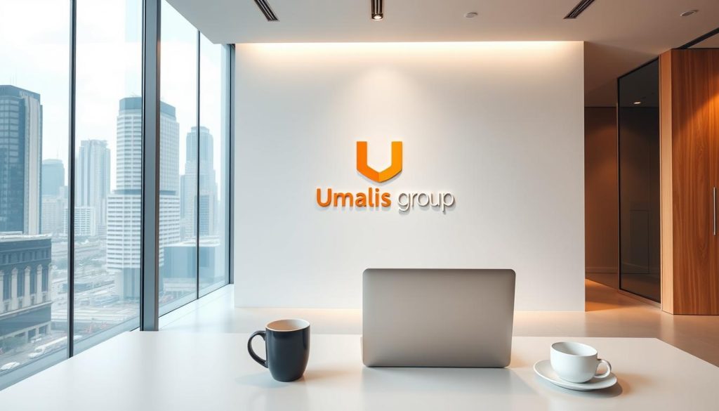 A modern, clean-lined office interior with a sleek, minimalist aesthetic. In the foreground, a desk with a laptop and a cup of coffee, representing the freelance consultant's workspace. In the middle ground, a Umalis Group logo prominently displayed on the wall, signifying the consultancy's branding. The background features large windows overlooking a bustling urban landscape, conveying a sense of professionalism and productivity. The lighting is soft and natural, creating a warm, inviting atmosphere. The overall composition suggests efficiency, organization, and the balanced, well-managed nature of a successful freelance consultancy.