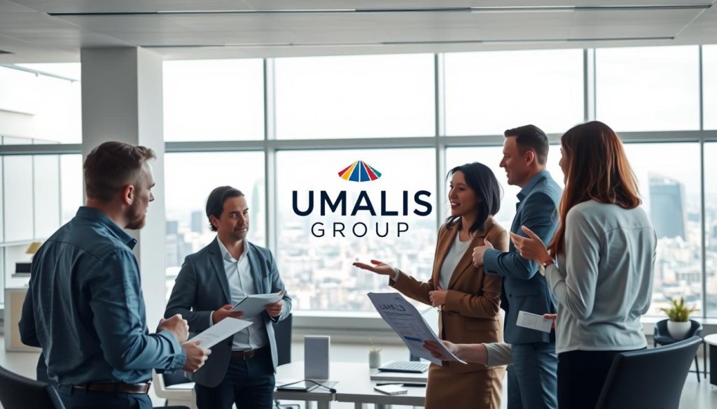 A modern, clean-lined office interior with an open layout and abundant natural light. In the foreground, a group of professionals are engaged in a collaborative discussion, gesturing animatedly as they review documents and digital displays. The middle ground features a prominent UMALIS GROUP logo, conveying the subject's focus on salarial portage services. The background depicts a panoramic city skyline, suggesting a dynamic urban business environment. The overall mood is one of productive efficiency, with a subtle air of professionalism and forward-thinking innovation.