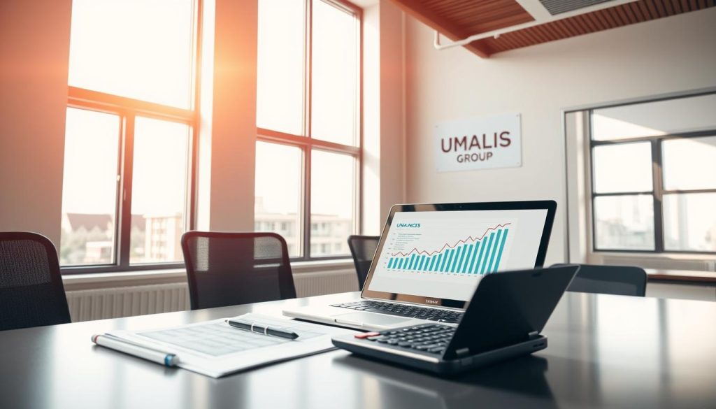 A modern, clean-lined office interior with large windows bathing the space in warm, natural light. On the desk, a laptop, calculator, and neatly organized financial documents, symbolizing the financial management of a small-to-medium-sized enterprise (SME). A stylized graph or chart on the computer screen visualizes key financial data. The Umalis Group logo is discreetly displayed on the wall, conveying the professionalism and expertise of the financial services provider. The overall atmosphere is one of efficiency, organization, and a thoughtful approach to SME financial management.