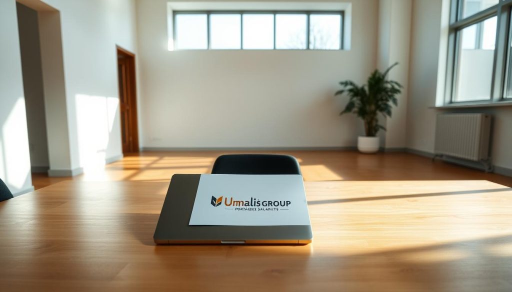 A modern, clean-lined office interior with natural light streaming through large windows. On the desk, a laptop and a single sheet of paper with the Umalis Group logo prominently displayed. The room is sparsely furnished, with a minimalist aesthetic that conveys a sense of professionalism and focus. The walls are painted in soothing neutral tones, and the flooring is a sleek, polished hardwood. The overall atmosphere is one of efficiency, organization, and a commitment to the "portage salarial" concept, which is the central focus of the scene.