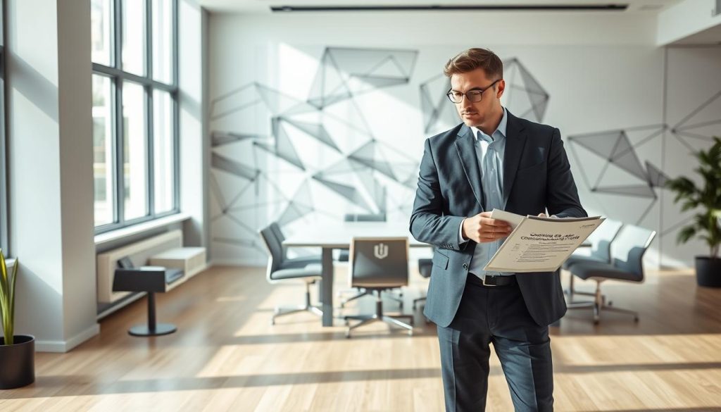 A modern, clean-lined office interior with natural lighting filtering through large windows. In the foreground, a businessman stands thoughtfully, examining documents related to the "Conditions d'éligibilité du salarié porté". In the middle ground, a sleek conference table and chairs, emblazoned with the "Umalis Group" logo, suggest a professional setting. The background features an abstract, geometric mural hinting at the complexities of employment regulations. The overall atmosphere conveys a sense of focus, clarity, and Umalis Group's expertise in navigating the nuances of "portage salarial".