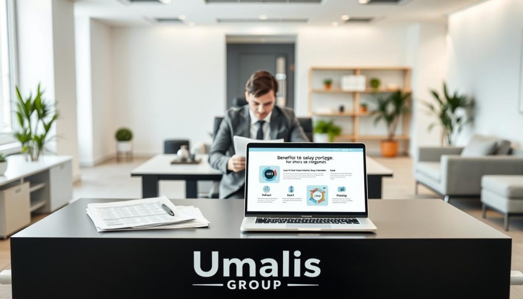 A modern, clean-lined office setting with a minimalist aesthetic. In the foreground, a desk showcases the "Umalis Group" brand, with various items related to the benefits of a salary portage arrangement - documents, a pen, a laptop displaying relevant information. The middle ground features a professional, well-dressed person working intently, conveying the efficiency and convenience of this employment model. The background is filled with sleek, contemporary furnishings and decor, creating an atmosphere of professionalism and success. The lighting is soft and natural, highlighting the workspace's simplicity and functionality. Overall, the image should communicate the advantages of salary portage - flexibility, reduced administrative burden, and a pathway to entrepreneurship.