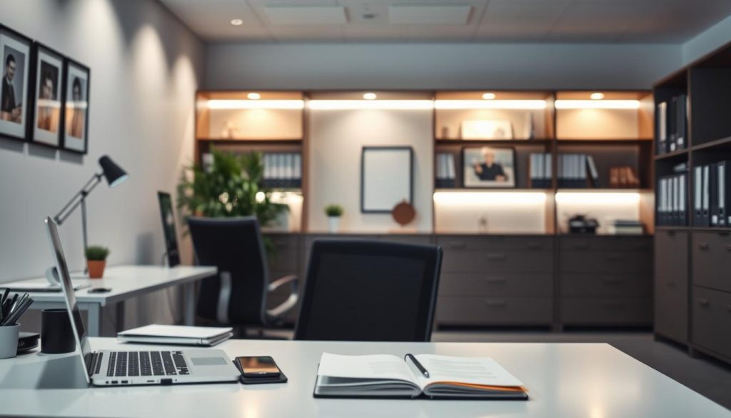 A modern, clean-lined office space illuminated by soft, diffused lighting. In the foreground, a desk with a laptop, files, and professional office supplies. In the middle ground, a desk chair and a plant, showcasing the ergonomic and natural elements of the workspace. The background features bookshelves, filing cabinets, and subtle artwork, conveying a sense of organization and professionalism. The overall atmosphere is calm, organized, and conducive to productive, administrative work related to the "portage salarial santé" concept.