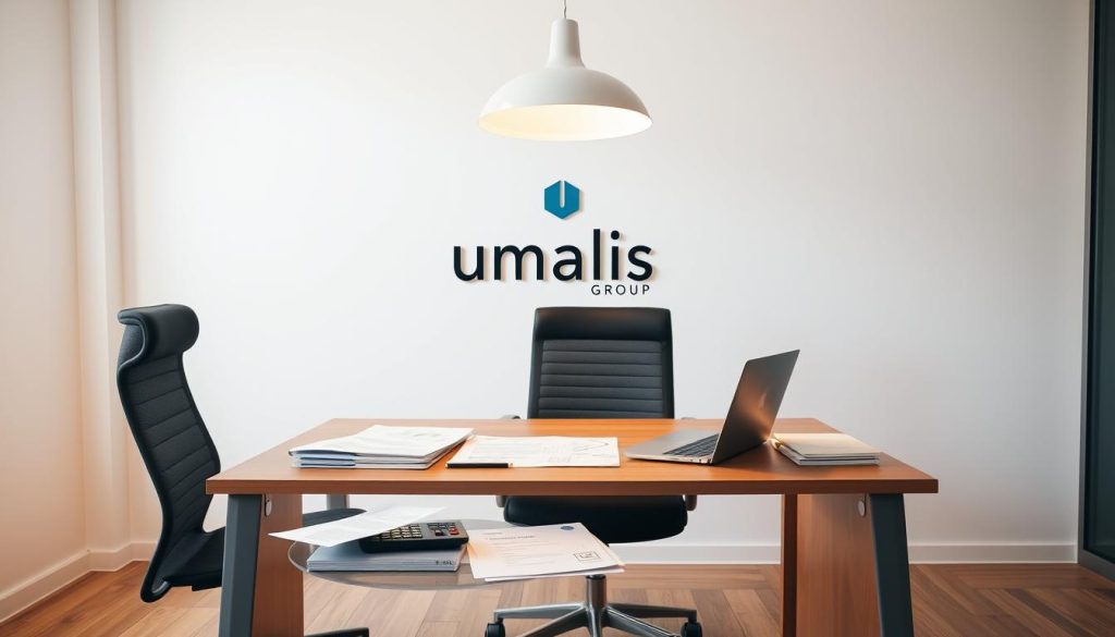 A modern, clean-lined office space with a central desk and ergonomic chair. On the desk, various financial documents, a laptop, and a calculator symbolize the administrative and financial aspects of salarial portage. Warm lighting from a sleek pendant fixture creates a professional yet relaxed atmosphere. In the background, the Umalis Group logo discreetly adorns the wall, signifying the company's expertise in this domain. The overall scene conveys the financial security and administrative support that salarial portage provides.