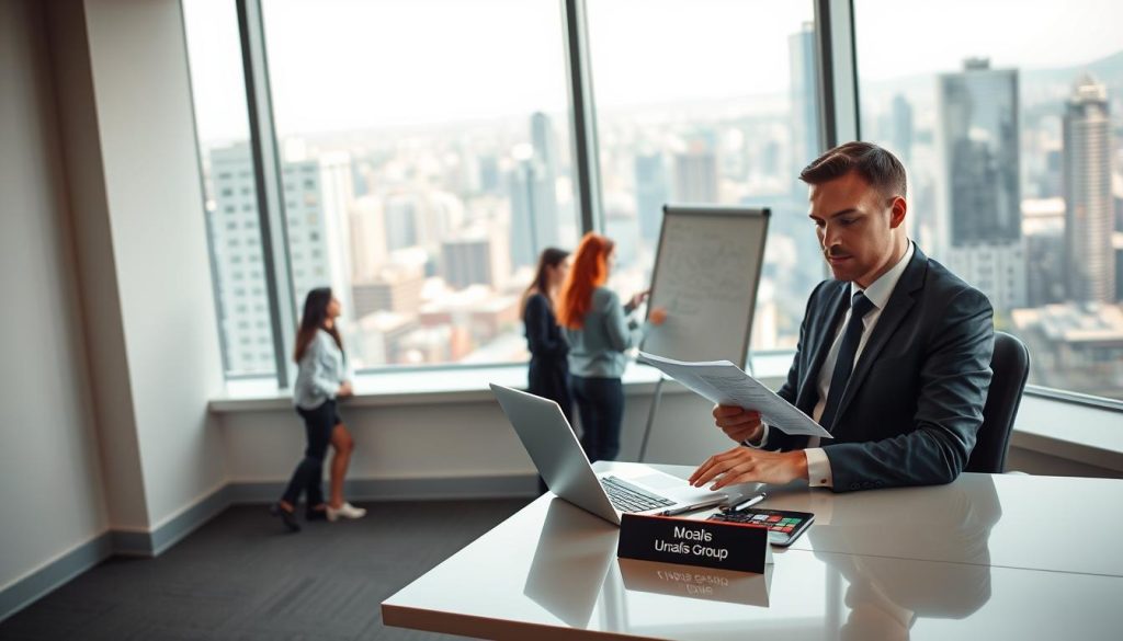 A modern, clean-lined office space with a large window overlooking a bustling cityscape. In the foreground, a business professional dressed in a tailored suit sits at a sleek desk, reviewing documents and surrounded by the tools of the trade - a laptop, tablet, and a nameplate reading "Umalis Group". The middle ground features a team of colleagues collaborating on a whiteboard, discussing strategies and ideas. The background showcases the dynamic, vibrant city outside, conveying a sense of energy and opportunity. Soft, warm lighting illuminates the scene, creating a professional yet inviting atmosphere. The overall composition highlights the advantages of the salaried portage model - flexibility, collaboration, and access to a thriving business ecosystem.