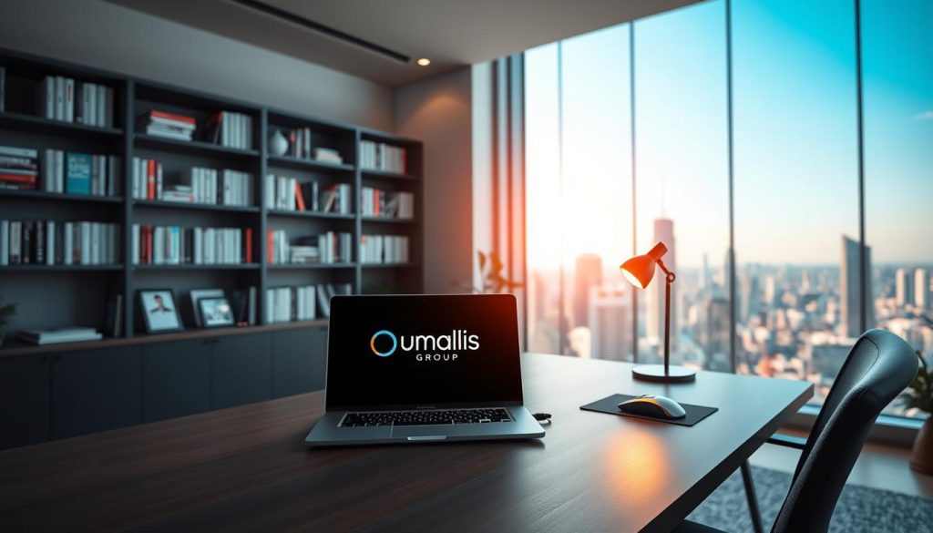 A modern, clean-lined office space with an airy, minimalist aesthetic. In the foreground, a desk featuring the Umalis Group logo, surrounded by a laptop, a sleek mouse, and a stylish desk lamp casting a warm glow. In the middle ground, a large window overlooking a vibrant city skyline, bathed in soft, diffused daylight. In the background, bookshelves filled with technical manuals and industry publications, hinting at the digital expertise within. The overall mood is one of professionalism, innovation, and a sense of progressive, tech-forward success.