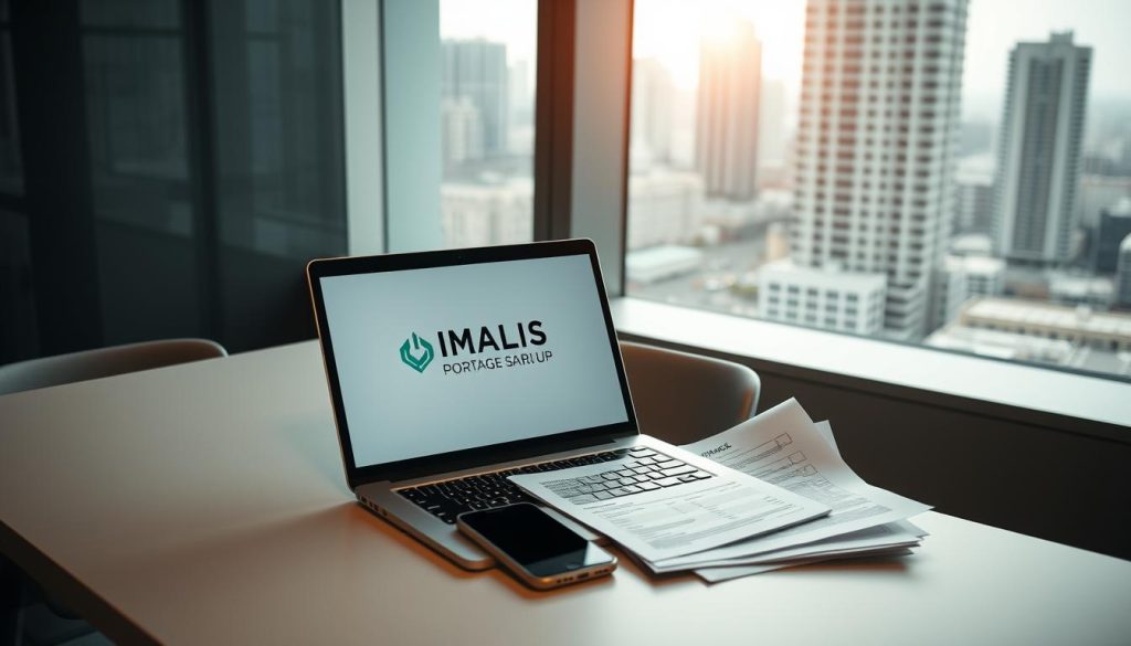 A modern, clean-lined office with minimalist furnishings and a large window overlooking a bustling cityscape. On a sleek desk, a laptop and smartphone are open, displaying financial documents and forms related to "portage salarial". The UMALIS GROUP logo is subtly displayed on the laptop screen. The scene conveys an efficient, professional atmosphere, reflecting the administrative formalities involved in the "portage salarial" process. Soft, diffused lighting from the window casts a warm glow, creating a sense of productivity and focus. The overall composition strikes a balance between functionality and aesthetic appeal.