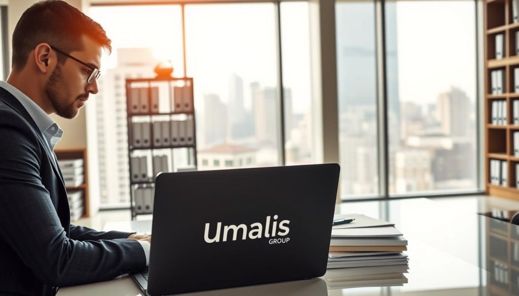 A modern, clean office interior with natural lighting. In the foreground, a professional-looking person reviewing financial documents and optimizing payment terms on a laptop. On the desk, the Umalis Group logo is prominently displayed. In the middle ground, shelves with organized files and folders, conveying an efficient, organized workflow. The background features large windows overlooking a bustling cityscape, suggesting the global business context. The overall atmosphere is one of productivity, diligence, and financial savvy.