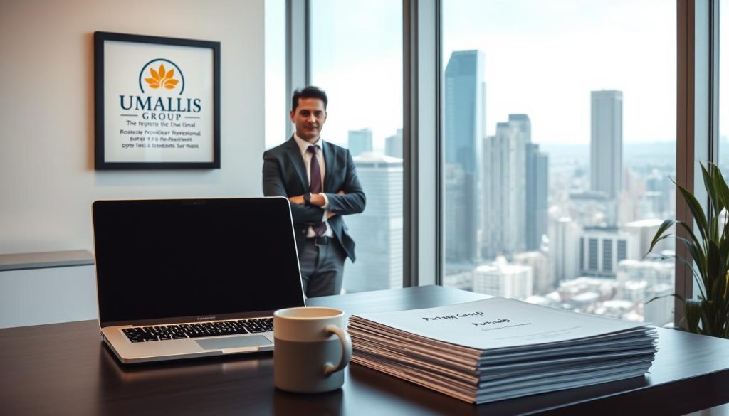 A modern, clean office setting with a large window overlooking a bustling city skyline. In the foreground, a desk with a laptop, coffee mug, and a stack of documents labeled "Portage Salarial". On the wall, a framed logo for "Umalis Group", a respected provider of professional portage services. In the middle ground, a confident-looking professional in business attire stands, discussing options with a client. The lighting is bright and natural, creating a welcoming atmosphere. The overall scene conveys a sense of productivity, expertise, and the advantages of choosing the right portage salarial company.