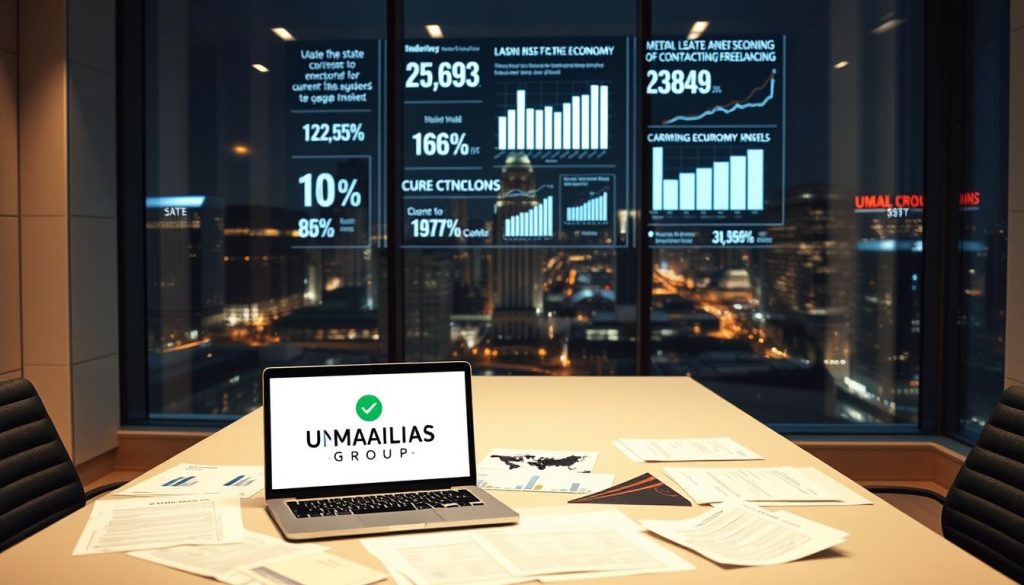 A modern, clean office space with a large window overlooking a bustling city skyline. In the foreground, a desk with a laptop displaying the UMALIS GROUP logo, surrounded by papers and documents related to current employment trends. Behind it, a wall-mounted display shows various statistics and graphs illustrating the current state of the gig economy and the rise of contracting/freelancing. In the background, city lights twinkle, creating a sense of energy and progress. The overall mood is one of professionalism, innovation, and a keen understanding of the evolving workforce landscape.