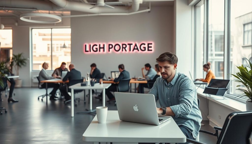 A modern co-working space with a sleek, minimalist design. In the foreground, a freelance consultant sits at a minimalist desk, working intently on a laptop with a cup of coffee nearby. The middle ground features several other freelancers engaged in various tasks, collaborating in an open, airy environment. In the background, large windows flood the space with natural light, and the LIGHT PORTAGE brand name is prominently displayed on the wall, highlighting the company's services. The overall mood is one of productivity, efficiency, and the professional lifestyle of a modern freelance IT consultant.