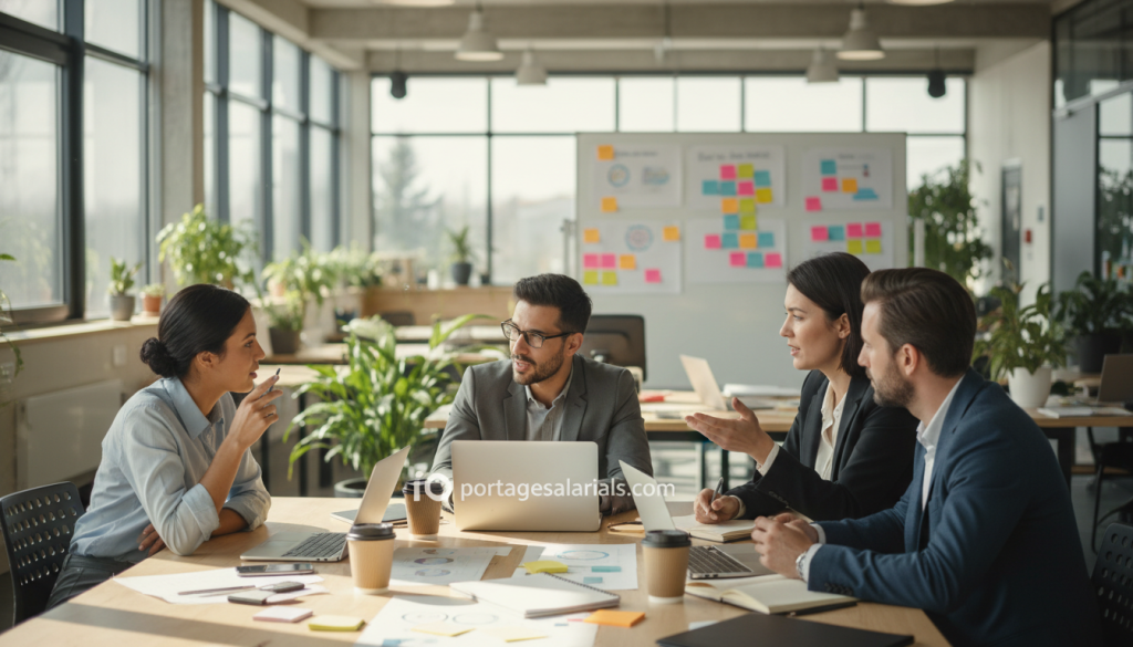 A modern, collaborative office space showcasing a diverse team of professionals engaged in a brainstorming session. In the foreground, three individuals in smart casual attire are gathered around a large table cluttered with laptops, notepads, and coffee cups, intensely discussing project ideas. The middle ground features a bright, open workspace filled with plants and large windows allowing natural light to flood the room, creating a warm atmosphere. In the background, soft-focus images of a whiteboard filled with colorful diagrams and sticky notes symbolize multi-skilled teamwork. The mood is energetic and collaborative, highlighting innovation and creativity. The entire scene exudes professionalism and teamwork. Include the logo of "portagesalarials.com" subtly placed on a notebook on the table.