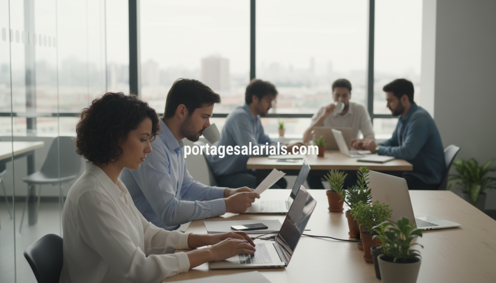 A modern, collaborative workspace filled with diverse freelancers working intently on their laptops. In the foreground, a professional woman in smart casual attire types on her computer, focused and engaged. To her left, a man in a neatly pressed shirt reviews documents while sipping coffee. In the background, glass walls showcase a vibrant urban environment, suggesting a city skyline. Soft natural light filters in, creating a warm and inviting atmosphere. A small group of freelancers discuss ideas at a communal table, featuring plants for a touch of greenery. The overall mood is dynamic and creative, capturing the essence of freelancing. Include the brand name "portagesalarials.com" subtly in the scene, perhaps on a visible laptop screen or a notepad. A modern, collaborative workspace filled with diverse freelancers working intently on their laptops. In the foreground, a professional woman in smart casual attire types on her computer, focused and engaged. To her left, a man in a neatly pressed shirt reviews documents while sipping coffee. In the background, glass walls showcase a vibrant urban environment, suggesting a city skyline. Soft natural light filters in, creating a warm and inviting atmosphere. A small group of freelancers discuss ideas at a communal table, featuring plants for a touch of greenery. The overall mood is dynamic and creative, capturing the essence of freelancing. Include the brand name "portagesalarials.com" subtly in the scene, perhaps on a visible laptop screen or a notepad.