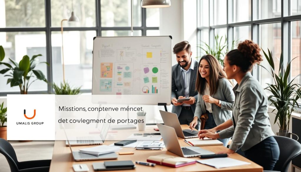 A modern, collaborative workspace filled with young professionals actively engaged in skill development and project planning. In the foreground, a diverse group of three individuals, dressed in smart casual attire, interacts enthusiastically around a large table covered with laptops, notebooks, and digital devices. In the middle ground, a whiteboard filled with colorful diagrams and goals showcases their mission for talent development. The background features large windows allowing natural light to stream in, creating a vibrant, inspiring atmosphere. Subtle indoor plants add a touch of greenery. The scene embodies the theme of "Missions, accompagnement et développement de compétences," reflecting the support and growth opportunities in portage salarial, with a prominent logo of "Umalis Group" subtly integrated into the design. The overall mood is energetic and optimistic, ideal for young graduates seeking professional growth. A modern, collaborative workspace filled with young professionals actively engaged in skill development and project planning. In the foreground, a diverse group of three individuals, dressed in smart casual attire, interacts enthusiastically around a large table covered with laptops, notebooks, and digital devices. In the middle ground, a whiteboard filled with colorful diagrams and goals showcases their mission for talent development. The background features large windows allowing natural light to stream in, creating a vibrant, inspiring atmosphere. Subtle indoor plants add a touch of greenery. The scene embodies the theme of "Missions, accompagnement et développement de compétences," reflecting the support and growth opportunities in portage salarial, with a prominent logo of "Umalis Group" subtly integrated into the design. The overall mood is energetic and optimistic, ideal for young graduates seeking professional growth.