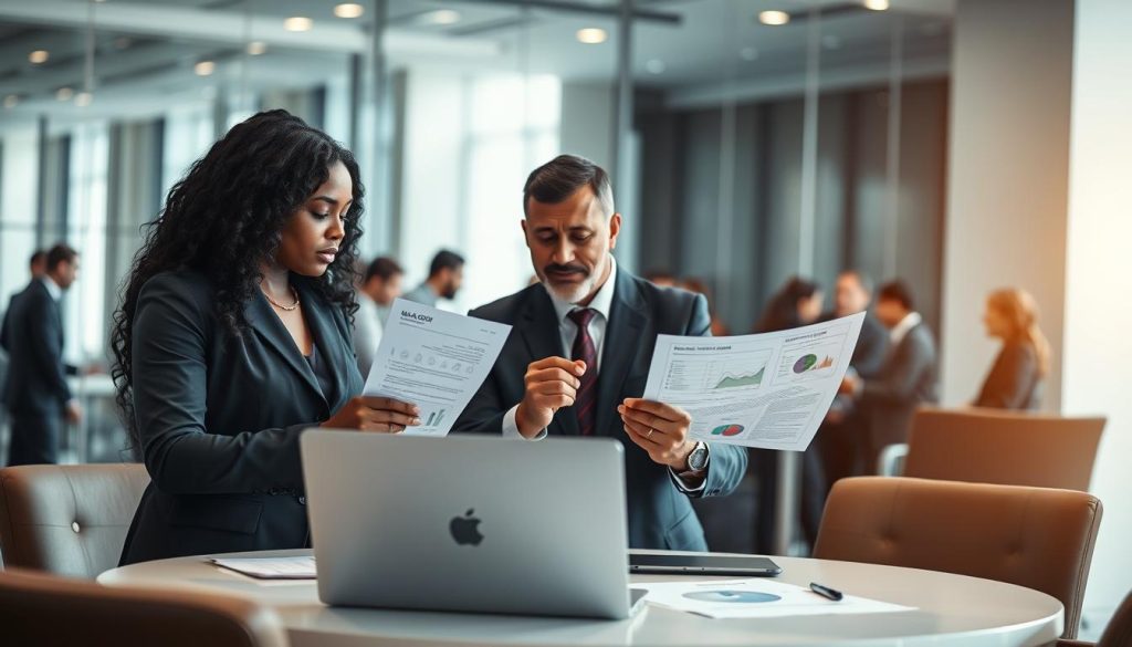 A modern conference room setting, depicting a diverse group of professionals engaged in a collaborative discussion about labor representation. In the foreground, two individuals: a Black woman and a Middle-Eastern man, both in smart business attire, are analyzing documents and graphics related to union and employer representation. The middle-ground features an elegant round table with laptops and charts, while blurred images of more professionals can be seen discussing in the background. The lighting is bright and warm, creating an atmosphere of optimism and teamwork. The ambiance is focused and professional. The logo of "UMALIS GROUP" is subtly visible on one of the documents, enhancing the corporate environment related to union representation.