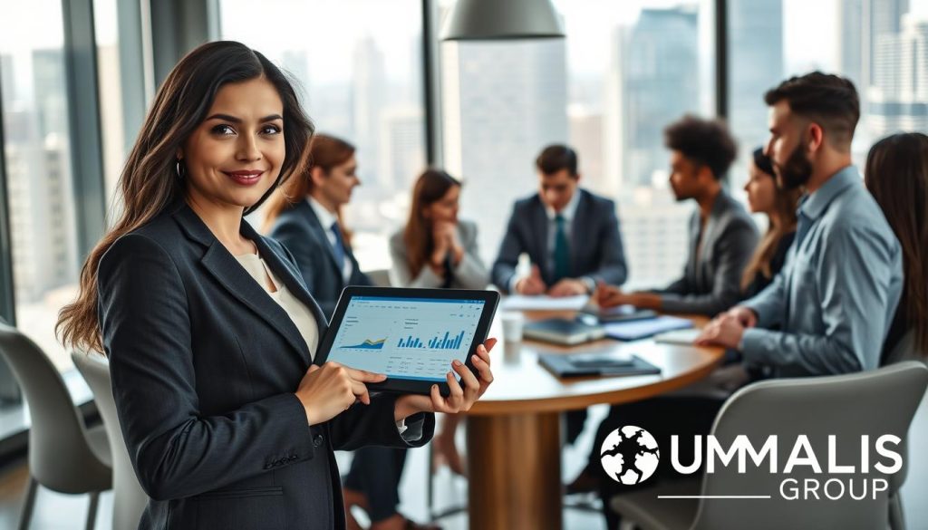 A modern corporate environment featuring a diverse group of professionals engaged in a collaborative meeting. In the foreground, a confident woman in a tailored blazer presents a digital tablet to her colleagues, showcasing data and charts relevant to international payroll solutions. The middle ground reveals an oval conference table surrounded by individuals in professional attire, deeply engaged in discussion, with expressions of focus and interest. In the background, large windows allow natural light to flood the room, highlighting a cityscape view that symbolizes global business reach. The atmosphere is dynamic and productive, reflecting simplicity, reduced risks, and enhanced performance in business operations. Include the logo of "UMALIS GROUP" subtly integrated into the room's design, ensuring professionalism and clarity.