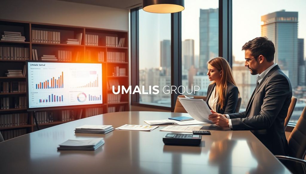 A modern corporate office environment showcasing the concept of "Comptes annuels en portage salarial". In the foreground, a well-dressed professional man and woman examine financial documents and calculators at a sleek conference table. The middle layer displays a digital screen showing data charts and analytical graphs, indicating company performance. The background features shelves lined with business books and a large window revealing a cityscape bathed in soft afternoon sunlight. Warm, natural lighting creates an inviting atmosphere. The scene highlights a sense of professionalism and diligence. Include the brand name "UMALIS GROUP" subtly on the digital screen, ensuring no watermarks or text overlays distract from the image.