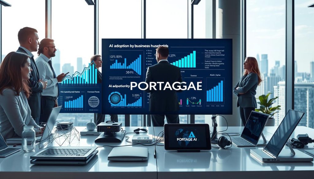 A modern corporate office environment showing trends in AI adoption by businesses and households. In the foreground, a diverse group of professionals in business attire engage in a discussion around a large digital display showcasing graphs and data visualizations of AI adoption statistics. In the middle ground, various high-tech devices and AI-driven tools are displayed on sleek desks, emphasizing their role in enhancing productivity. The background features large windows with a city skyline, creating a vibrant and optimistic atmosphere. Soft, natural lighting filters through, casting gentle shadows and highlighting the dynamic elements in the scene. The mood is innovative and professional. Include branding elements of "PORTAGE AI" subtly incorporated into the digital display.