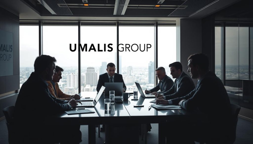 A modern corporate office interior, with a UMALIS GROUP logo prominently displayed on the wall. In the foreground, a group of business executives engaged in a crisis management meeting, their expressions intense and focused. Soft, directional lighting casts dramatic shadows, creating a sense of tension and urgency. The middle ground features a large conference table, with laptops, papers, and coffee mugs scattered across its surface, reflecting the ongoing deliberations. In the background, floor-to-ceiling windows offer a view of a bustling city skyline, hinting at the broader context and implications of the crisis at hand. The overall atmosphere conveys a balance of professionalism, dynamism, and a sense of navigating through a challenging situation.