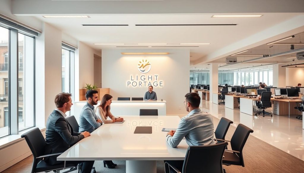 A modern corporate office interior with clean, minimalist design. In the foreground, a group of professionals engaged in a business meeting around a sleek conference table, the LIGHT PORTAGE logo prominently displayed on the wall behind them. The lighting is warm and natural, with large windows providing an abundance of daylight. In the middle ground, a reception area with a clean, contemporary aesthetic, a receptionist greeting visitors. The background features an open-plan workspace with rows of desks and employees collaborating at their computers. The overall atmosphere conveys professionalism, efficiency, and a well-organized company culture.