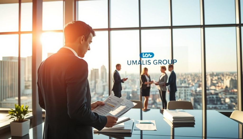 A modern corporate office interior with large windows overlooking a city skyline. In the foreground, a businessman in a suit stands at a desk, evaluating documents and financial reports. In the middle ground, a team of professionals collaborating on a presentation, with the Umalis Group logo prominently displayed on the wall behind them. The lighting is warm and natural, creating a professional yet inviting atmosphere. The overall scene conveys a sense of careful consideration and evaluation of a business venture, reflecting the article's focus on "how to evaluate a portage company before committing."