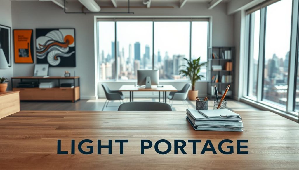A modern corporate office interior with minimalist furnishings and an abundance of natural light. In the foreground, a wooden desk features the LIGHT PORTAGE brand name prominently displayed, conveying a sense of professionalism and attention to detail. On the desk, a laptop, a pen holder, and a stack of documents symbolize the freelance invoicing process. The middle ground features a large window overlooking a vibrant cityscape, creating a sense of connection between the office and the outside world. The background is filled with contemporary wall art and shelves displaying various organizational tools, suggesting an efficient and organized workspace. The overall mood is one of productivity, clarity, and a sophisticated aesthetic that reflects the subject of the article.