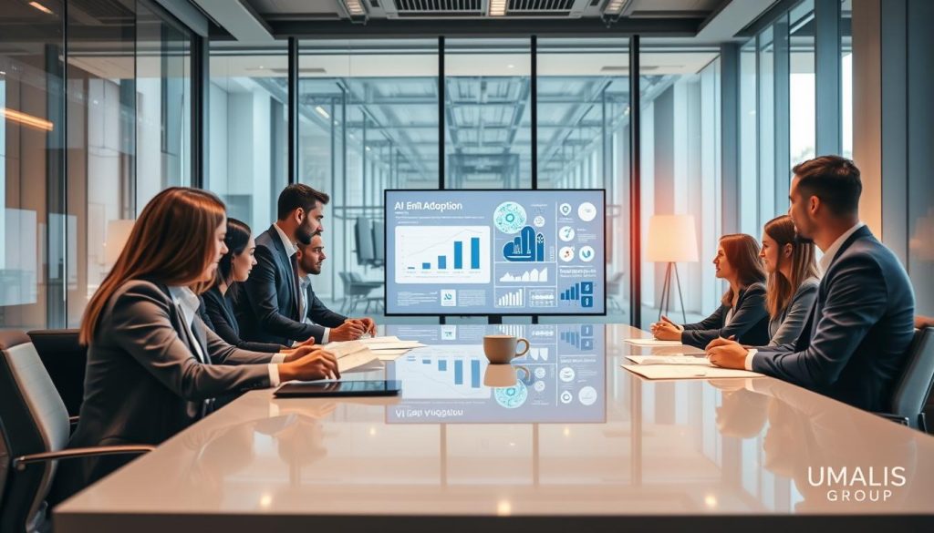 A modern corporate office setting depicting a transition management team focused on AI adoption. In the foreground, a diverse group of professionals in business attire collaborates around a sleek conference table, reviewing digital strategy documents. The middle ground features a large screen displaying AI-related data visuals, emphasizing innovation. The background showcases a bright, spacious office with large windows, allowing natural light to flood the room, creating an inspiring atmosphere. Soft, warm lighting enhances the mood, while reflections on glass surfaces add depth. The image subtly incorporates branding elements of "UMALIS GROUP" in the design of the meeting room, conveying professionalism and forward-thinking.
