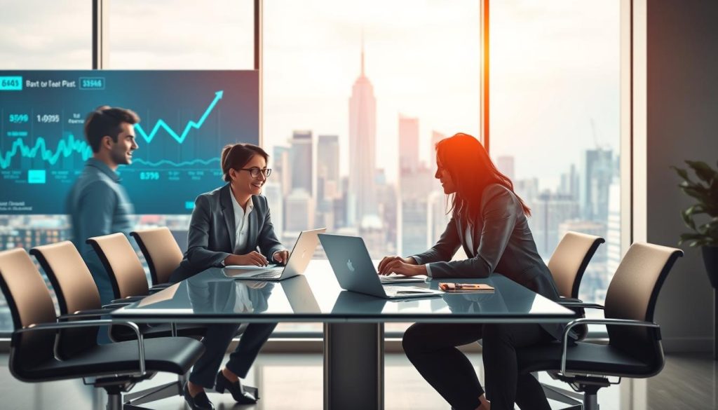 A modern corporate office setting illustrating the advantages of international employment through "portage salarial." In the foreground, a diverse group of three professionals in business attire are engaged in a collaborative discussion around a sleek conference table, with laptops and notepads. In the middle ground, a large window reveals a vibrant city skyline, symbolizing global opportunities. The background features abstract digital screens displaying graphs and charts, representing growth and progress. Soft, natural lighting filters through the window, creating an inspiring atmosphere. The overall mood is optimistic and professional, emphasizing teamwork and international connections through innovative employment solutions.