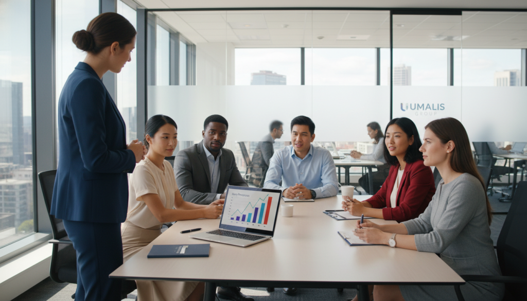 A modern corporate office setting, showcasing a diverse group of professional business people engaged in discussion and collaboration, representing the role of client companies in salary portage. In the foreground, a confident woman in a tailored suit, standing beside a conference table, is pointing at a laptop screen displaying financial graphs. In the middle, a diverse team, including men and women of various ethnicities, is seated, listening intently, dressed in smart business attire. In the background, large windows reveal a cityscape, filling the space with natural light, creating an optimistic and focused atmosphere. The image conveys professionalism and teamwork, emphasizing the supportive nature of client companies in this innovative employment model. The logo "Umalis Group" subtly integrated into the office accessories.