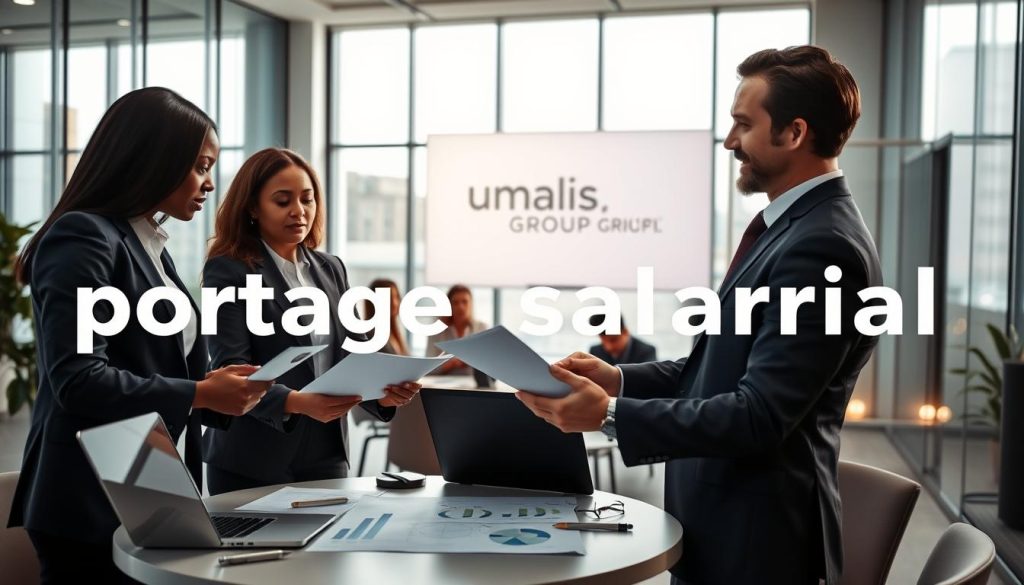 A modern corporate office setting, showcasing a diverse group of professionals engaged in collaborative discussions about "portage salarial". In the foreground, two businesspeople, a Black woman and a Caucasian man, both dressed in smart business attire, are examining documents together. In the middle ground, a round table features laptops, tablets, and charts, illustrating business strategies. The background reveals a sleek office with large windows, allowing natural light to flood the space, creating a welcoming and productive atmosphere. Soft, warm lighting enhances the professionalism of the environment. The Umalis Group logo is subtly presented on a digital screen in the background. The overall mood is one of teamwork, innovation, and support in the context of professional employment.